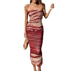 ZARA Dress S Strapless Tulle Ruched Marble Tie Dye Maroon Midi Maxi Lined Zip
